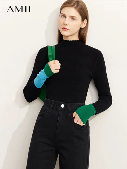 Slim-fit color-contrast pullover minimalist half-high collar sweater