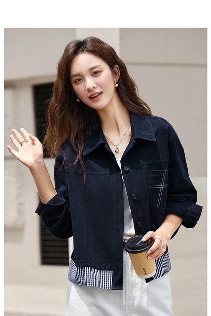 Turn-down collar long-sleeve outerwear for ladies