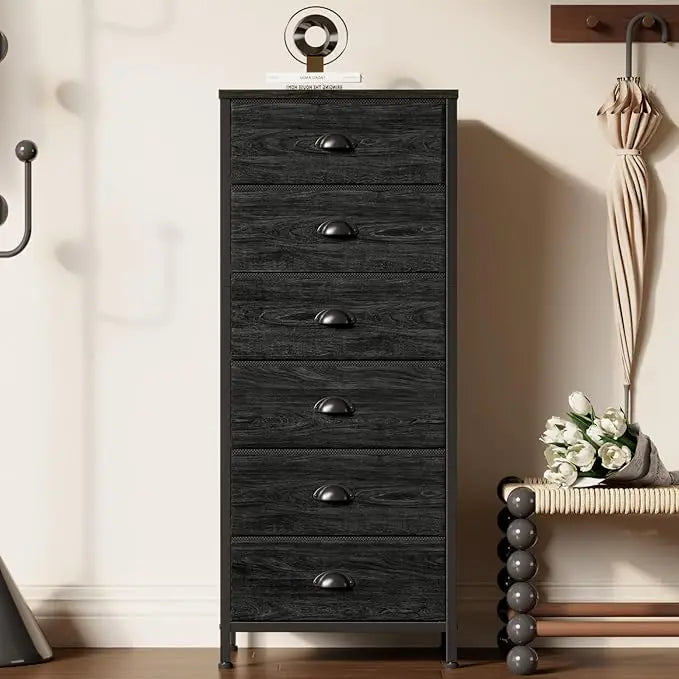 Industrial-style tall dresser with 6 drawers and fabric storage—ideal for bedrooms or dorm rooms