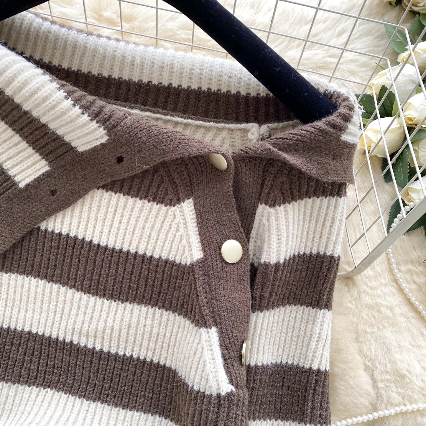 Chic stripe off-shoulder sweater with buttons