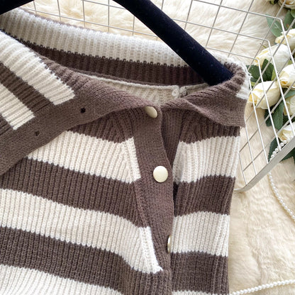 Chic stripe off-shoulder sweater with buttons