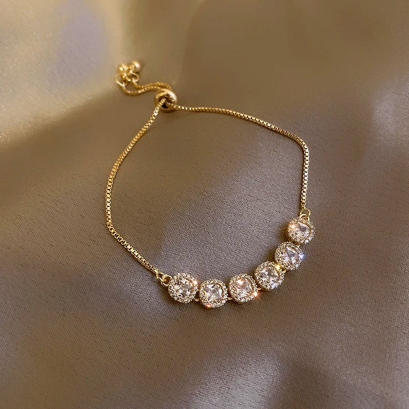 Rhinestone Charm Bracelet – Stars & Flowers, Gold Adjustable Bangle