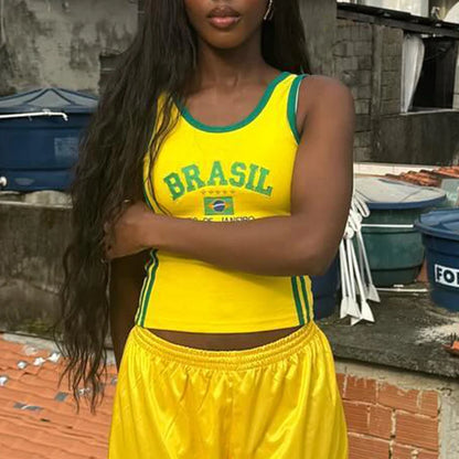 Fashionable retro Brazil print streetwear crop top