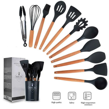 12-piece silicone kitchen utensil set with wooden handles—non-stick safe