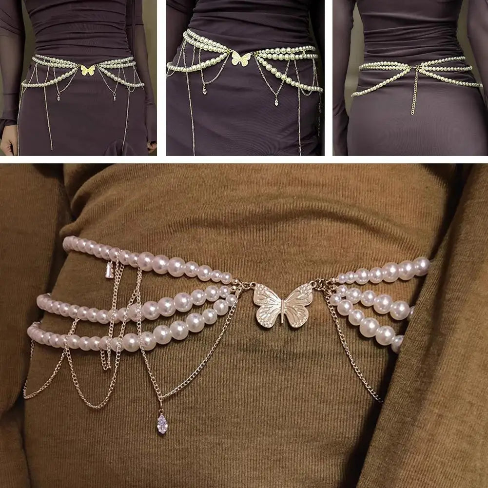 Y2K Pearl Waist Chain – Multilayer Body Jewelry for Women