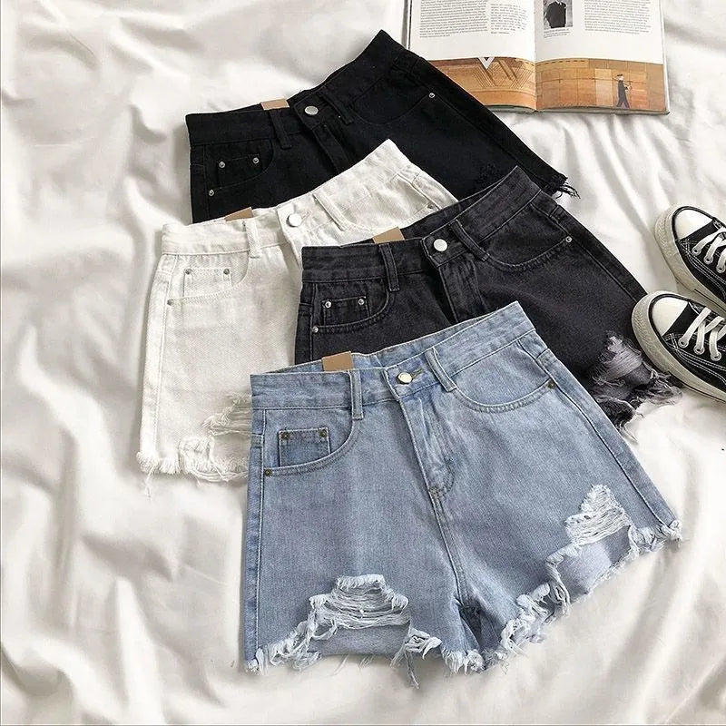 Casual ripped jeans with tassel pockets denim shorts, Y2K style