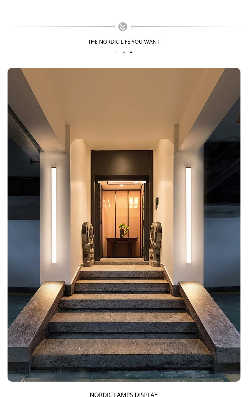 Weatherproof modern LED wall sconce for outdoor spaces, IP65, long-strip style