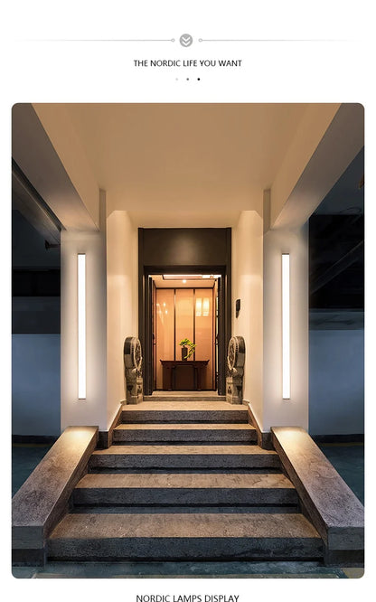 Weatherproof modern LED wall sconce for outdoor spaces, IP65, long-strip style