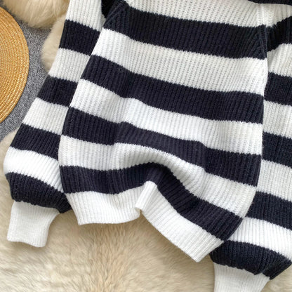 Chic stripe off-shoulder sweater with buttons