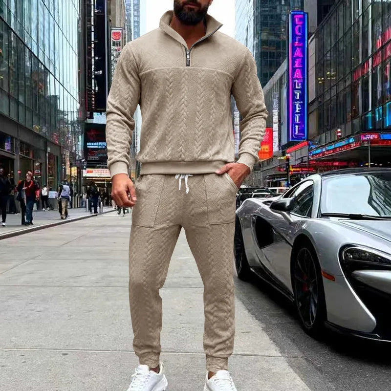 Cozy winter zip sweater with jacquard style — warm, sporty, and casual