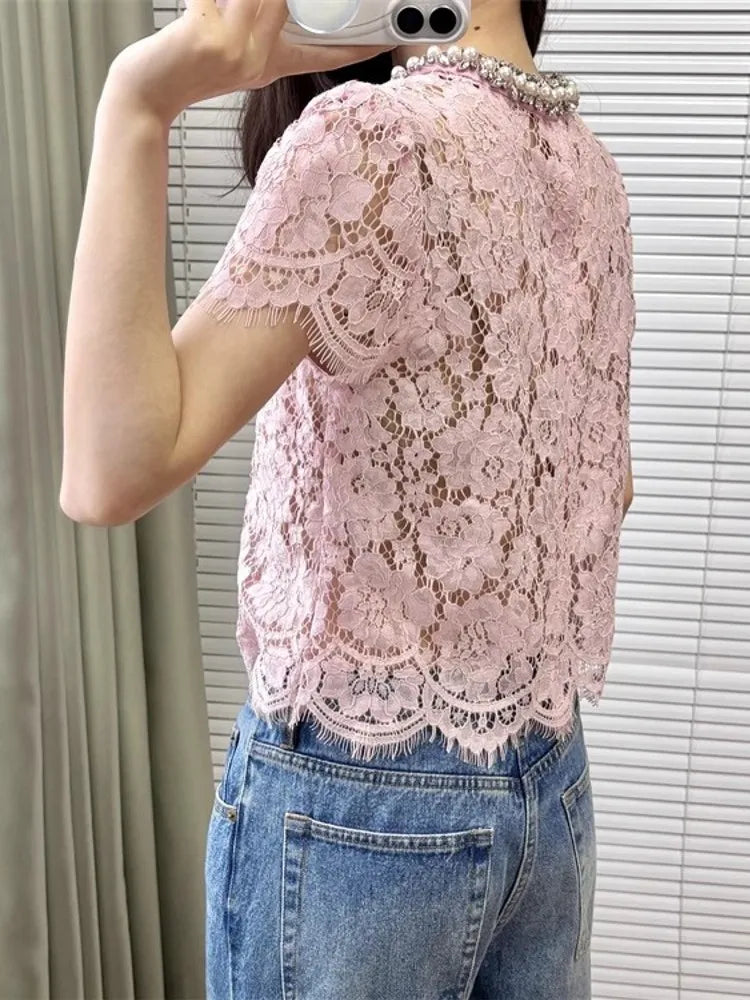Flower lace hollow-out short sleeve top pearl-embellished