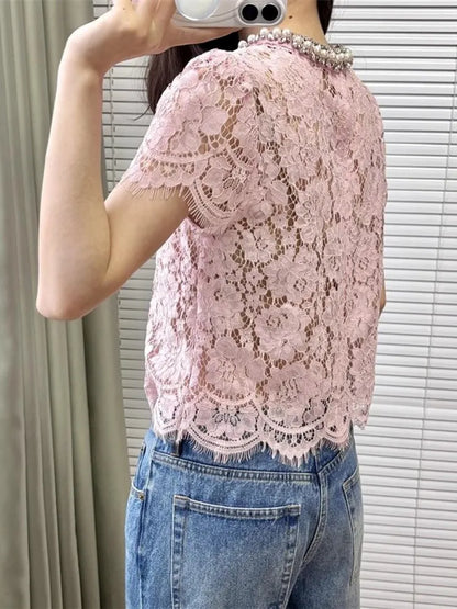 Flower lace hollow-out short sleeve top pearl-embellished
