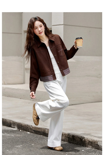 Turn-down collar long-sleeve outerwear for ladies