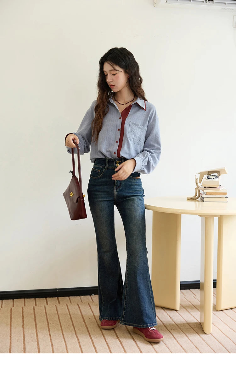 Blue-red contrasting color loose retro top