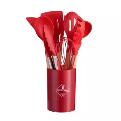 12-piece silicone kitchen utensil set with wooden handles—non-stick safe