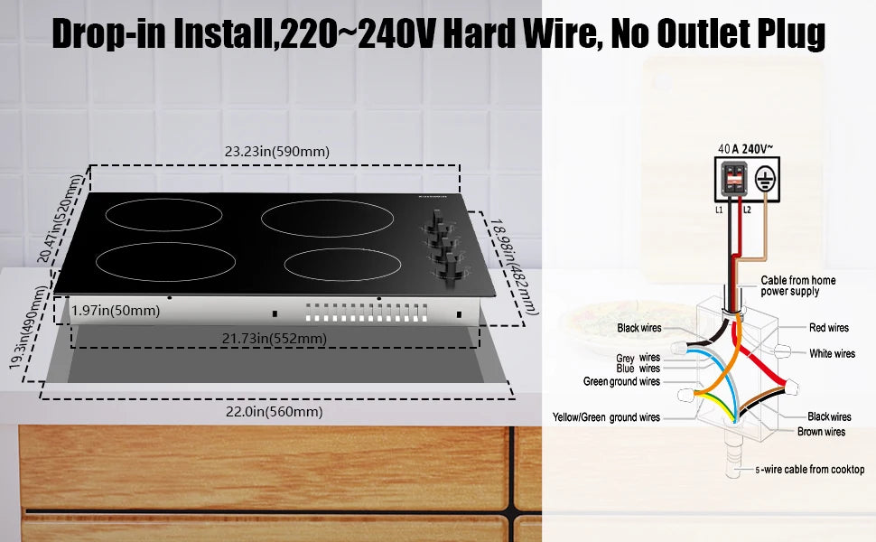 Compact 24" electric cooktop, 4 burners, residual heat indicator, knob operated, hard-wire installation