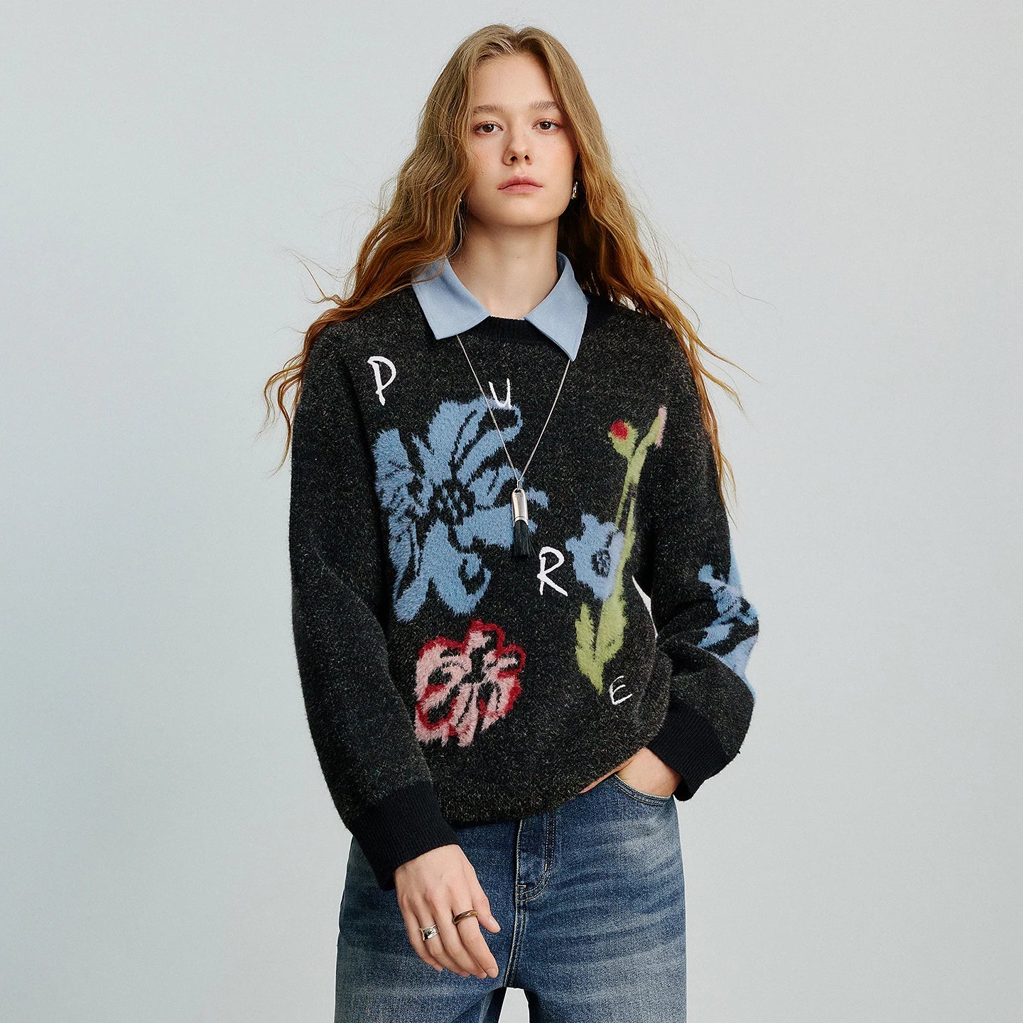 Women’s velvet floral jacquard sweater
