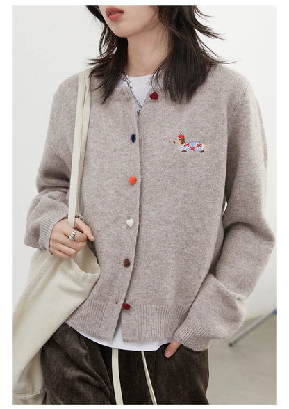 Casual knitted sweater with dog embroidery