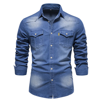 Men's casual solid - color long - sleeve denim shirt