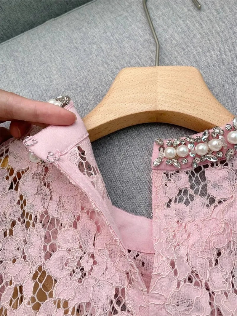 Flower lace hollow-out short sleeve top pearl-embellished