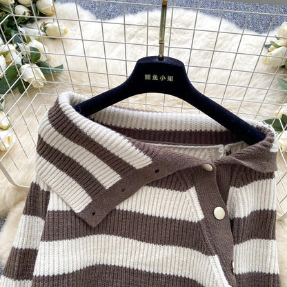 Chic stripe off-shoulder sweater with buttons