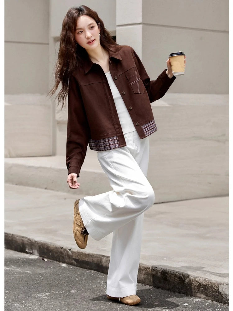 Turn-down collar long-sleeve outerwear for ladies