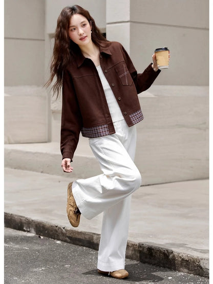 Turn-down collar long-sleeve outerwear for ladies