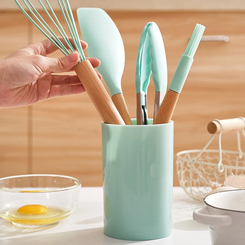 12-piece silicone kitchen utensil set with wooden handles—non-stick safe