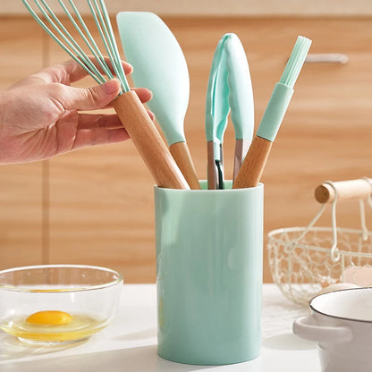12-piece silicone kitchen utensil set with wooden handles—non-stick safe