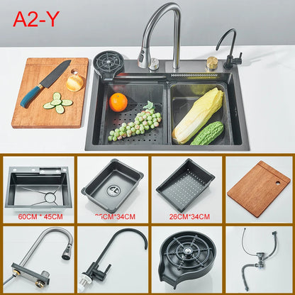 Multifunctional Kitchen Waterfall Sink – Large Single Basin, 304 Stainless Steel