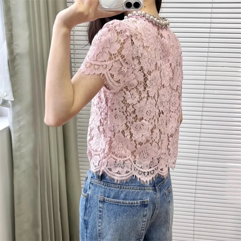 Flower lace hollow-out short sleeve top pearl-embellished