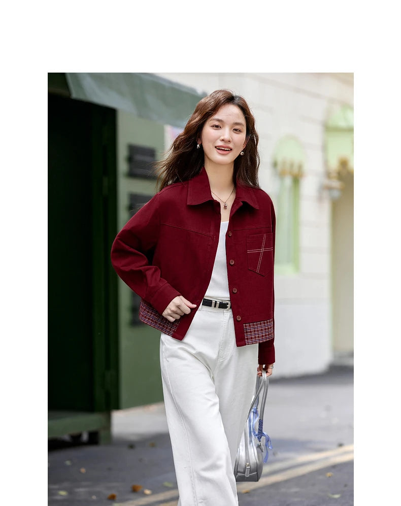Turn-down collar long-sleeve outerwear for ladies