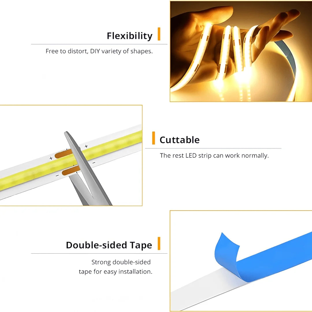 Flexible LED COB strip with touch dimmer—perfect for DIY lighting