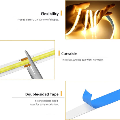 Flexible LED COB strip with touch dimmer—perfect for DIY lighting