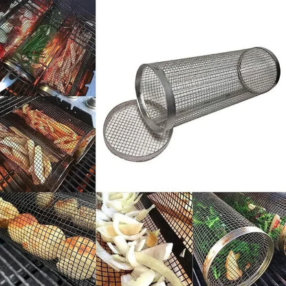 Cylinder grilling cage for vegetables, meat, and seafood on the barbecue