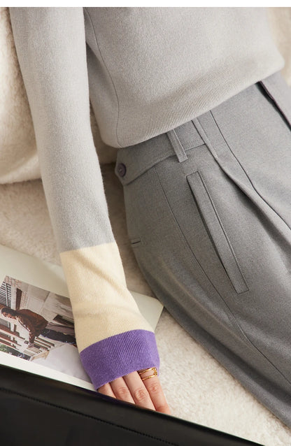 Slim-fit color-contrast pullover minimalist half-high collar sweater