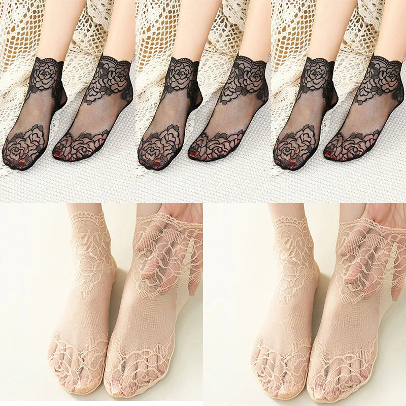 5 Pairs Women’s Lace Invisible Socks – Thin Non-Slip Boat Socks