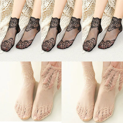 5 Pairs Women’s Lace Invisible Socks – Thin Non-Slip Boat Socks