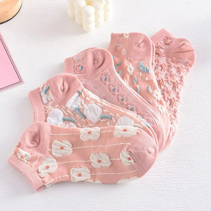 5 Pairs Kawaii 3D Flower Ankle Socks – Thin Low Cut