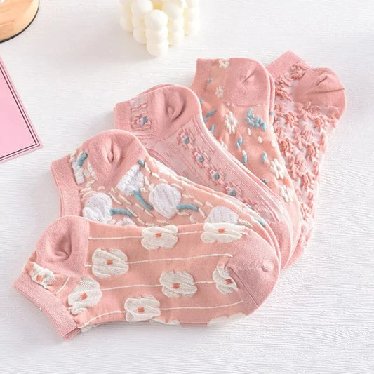 5 Pairs Kawaii 3D Flower Ankle Socks – Thin Low Cut