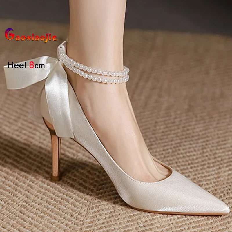 Luxury Fashion Pumps– Ribbon & Pearl Chain Design