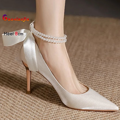 Luxury Fashion Pumps– Ribbon & Pearl Chain Design