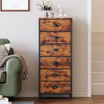 Industrial-style tall dresser with 6 drawers and fabric storage—ideal for bedrooms or dorm rooms