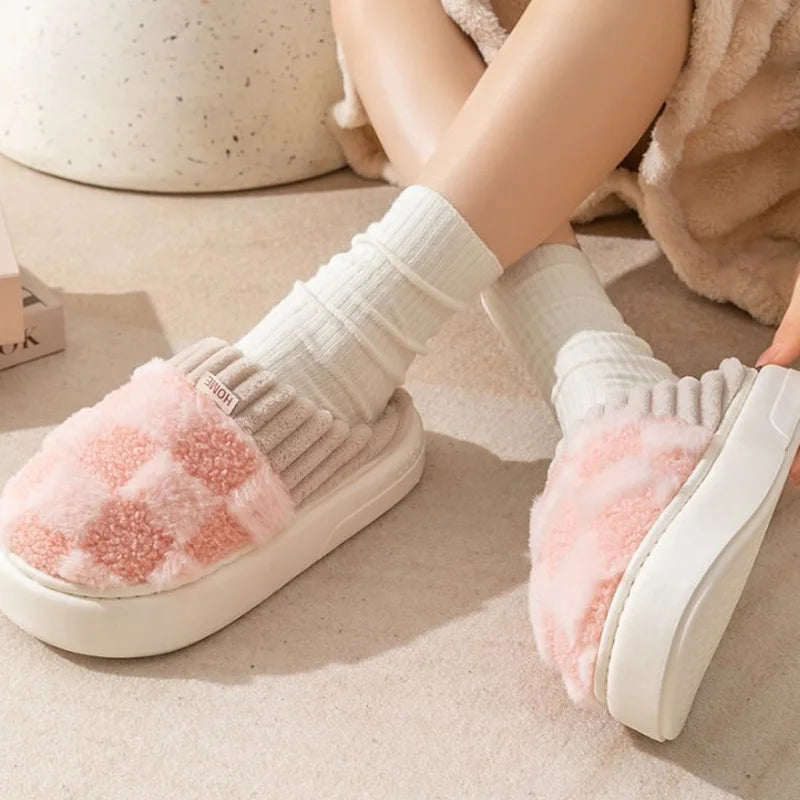 Fashion Couple Winter Slides – Warm Plaid Fluffy Slippers for Home