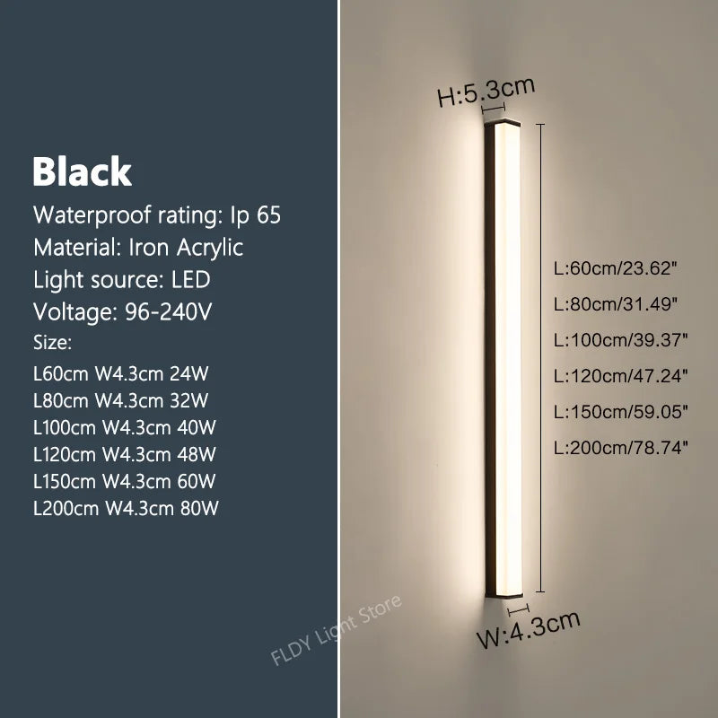 Weatherproof modern LED wall sconce for outdoor spaces, IP65, long-strip style
