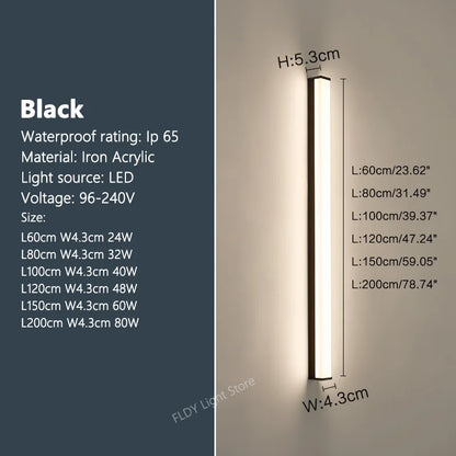 Weatherproof modern LED wall sconce for outdoor spaces, IP65, long-strip style