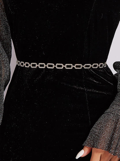 Women’s Rhinestone Waist Belt – Slim Metal Bling Chain