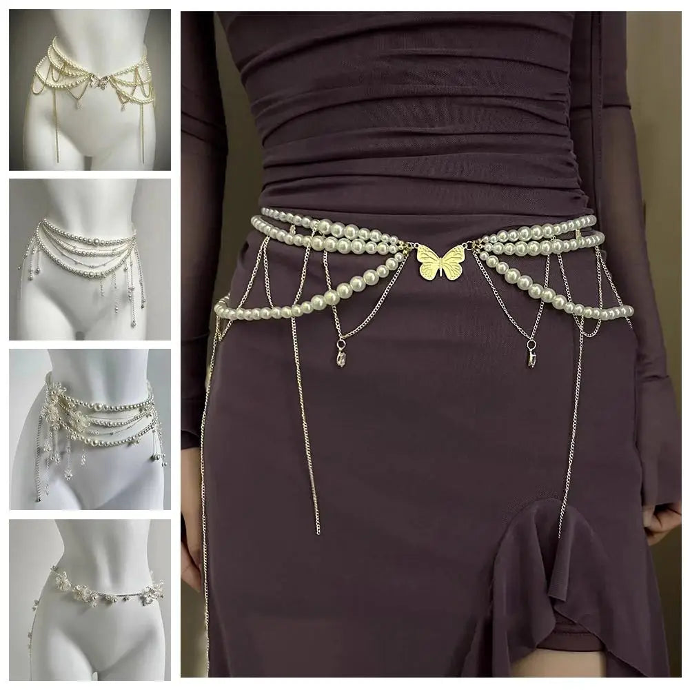 Y2K Pearl Waist Chain – Multilayer Body Jewelry for Women