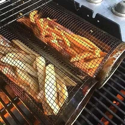 Cylinder grilling cage for vegetables, meat, and seafood on the barbecue