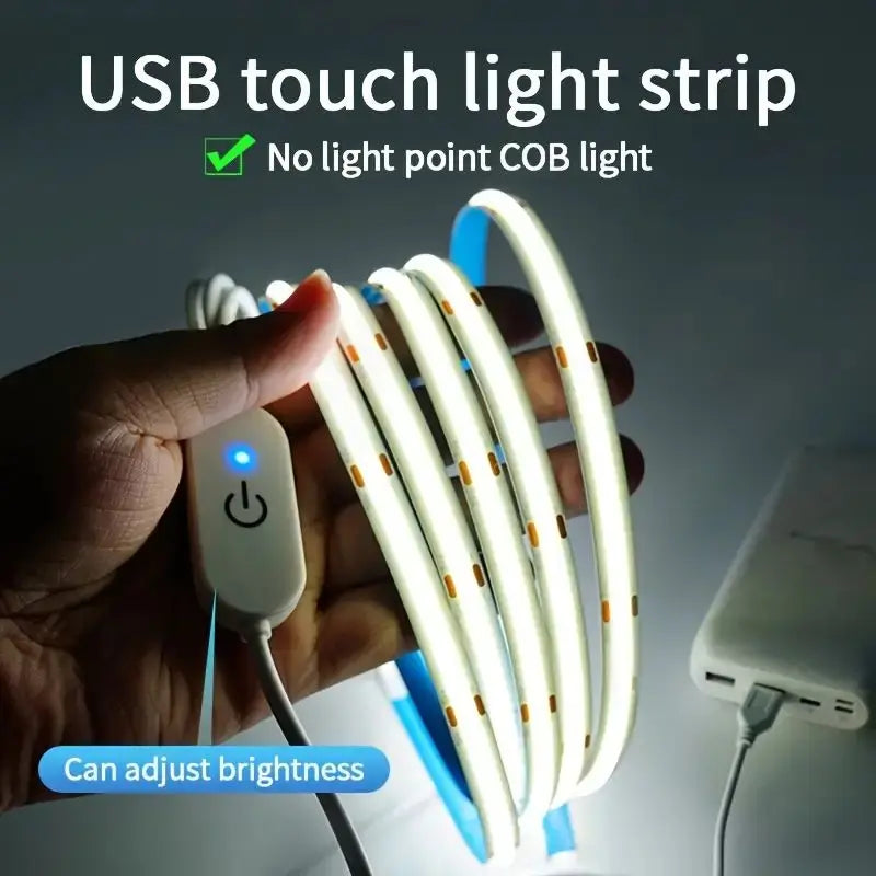 Flexible LED COB strip with touch dimmer—perfect for DIY lighting